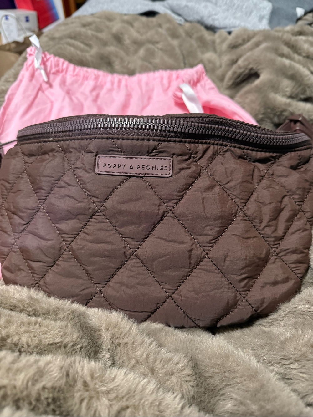 Poppy & Peonies Quilted Brown Cosmetic Pouch